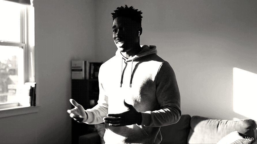 Young man actively practicing conversation with animated gestures